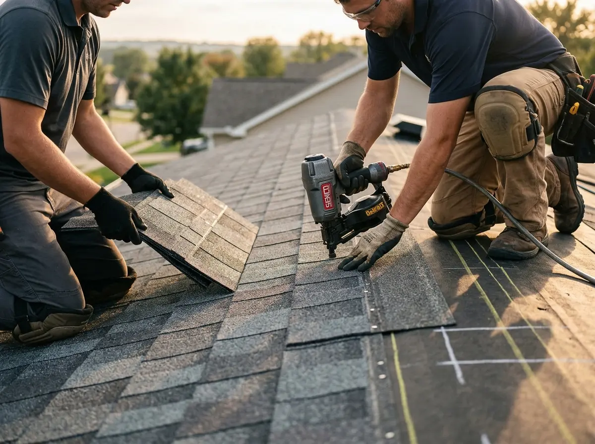 Professional roofer working on a residential roof in Madison Heights